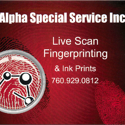 Alpha Special Service, Inc. is a Livescan company in Carlsbad, Ca. Technicians are able to digitally scan your fingerprints in about 15 min!        760-929-0812