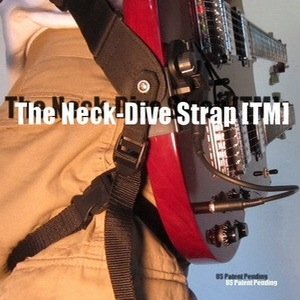 The Neckdive Strap, a leg strap that connects to the endpin of your neck-heavy guitar or bass and prevents the neck from falling.