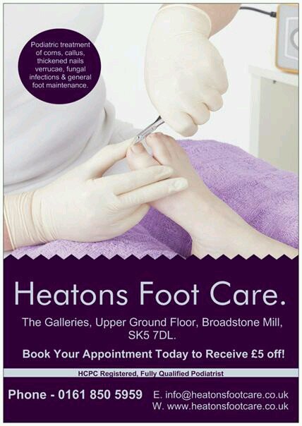 HeatonsFootCare's profile picture. HCPC registered, fully qualified Podiatrist, based in Broadstone Mill, Stockport.
