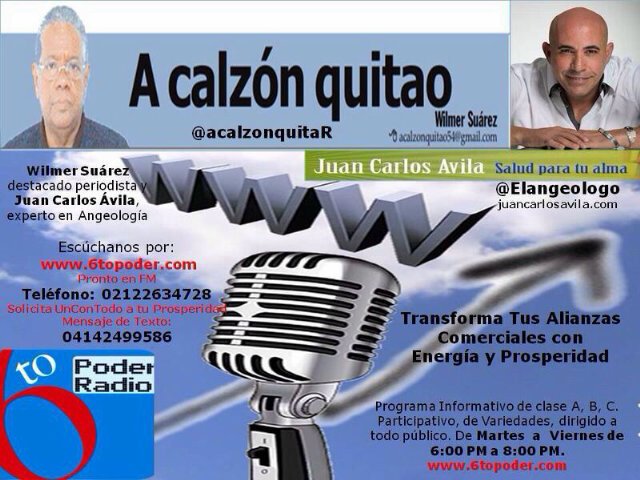 Cuenta Oficial de Tu programa radial de las noches. Conducido por Wilmer Suárez y Juan Carlos Avila. Lunes a Viernes 6:00 a 08:00 pm por @6topoderradio.