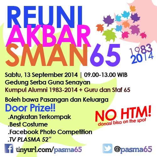 Official Twitter for Persaudaraan Alumni SMAN 65 Jakarta (PASMA 65) - all batch. Birthday: May 12th, 2012. IG: @pasma65