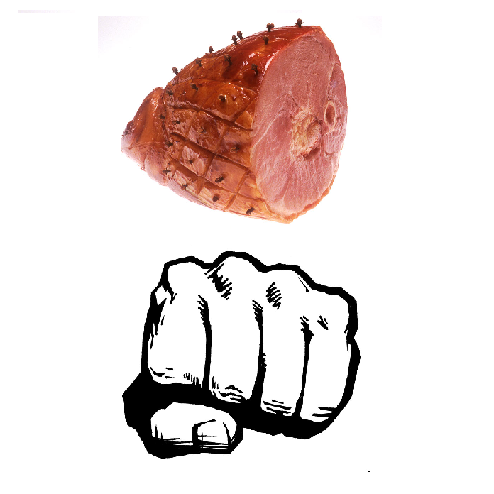 Sliced cured pork on a clenched hand. Just a ham trying to B rappin' cool.