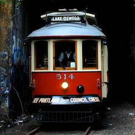 The Willamette Shore Trolley provides scenic trolley rides on a 6-mile section of historic rail line between Lake Oswego and Portland.