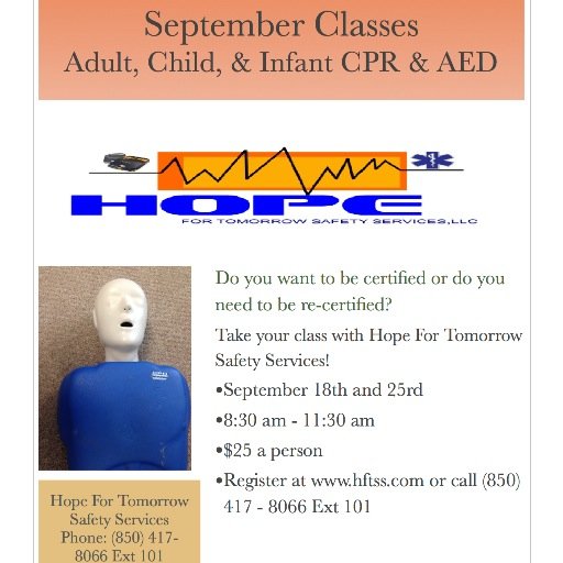 Hope For Tomorrow specializes in Basic CPR/First Aid courses for the Educational Community (Daycares, Schools, etc.) as well as for the general public edu.