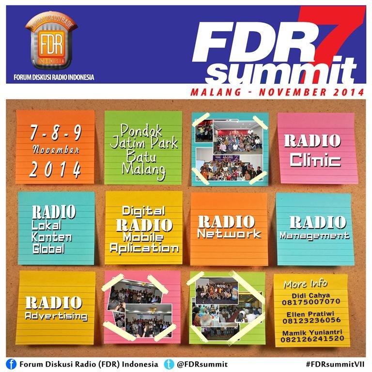 FDRsummit's profile picture. #FDRSummitVII 7 8 9 November 2014
Pondok Jatim Park Batu Malang Informasi lebih lanjut Hubungi
 Didi Cahya 08175007070
Ellen Pratiwi 08123236056
Mamik Yuniantri