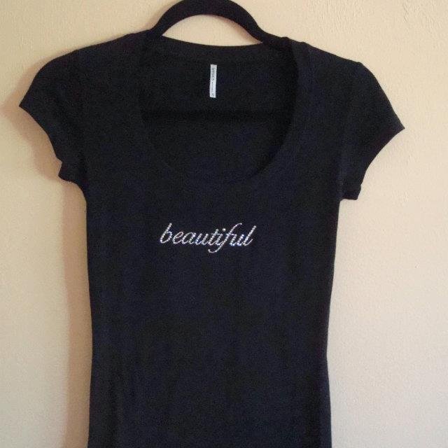 Very cute, feminine, (and occasionally edgy) Scoop-neck, Cap-sleeve Ladies Fitted Tees Sparkled with genuine Swarovski crystal designs, all made by hand.