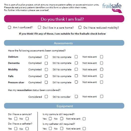 frailsafe's profile picture. Twitter account for Frailsafe: a safety checklist for frail older people entering acute hospital care. A British Geriatrics Society project @gerisoc