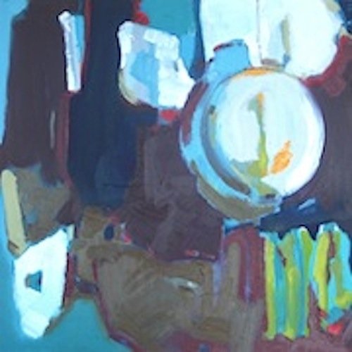 Artist based in East Kent, large oil on canvas, semi-abstract and colourful. Working from a studio in the garden.