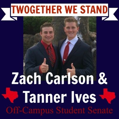 2_getherWeStand's profile picture. Howdy Ags! We are Zach Carlson and Tanner Ives, and are running to serve as your Off-Campus Student Senators. Thank you for your support!