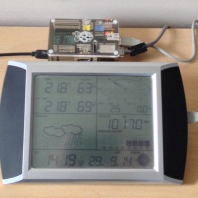 A Raspberry Pi Model B (back on the 256MB RAM version) using PyWWS to monitor a Maplin WH1081 weather station.