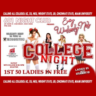 The BIGGEST College Night around the Tristate! Each & Every WEDNESDAY its going UP! @601NightClub Downtown Cincinnati #LadiesNight First 50 Ladies free B4 10pm!