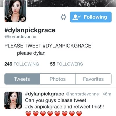 follow @horrordevonne and retweet #dylanpickgrace