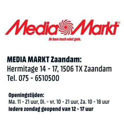 Iedere werkdag tot 21:00 uur geopend! Iedere zondag van 12:00 tot 17:00 uur geopend! Officiële twitterkanaal van Media Markt Zaandam