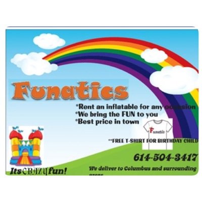 Funatics is a party planning business! We offer inflatables, balloon twisting, face painting. We service all of columbus and surrounding areas!