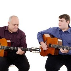 Hot club guitar duo playing and following the music of Django Reinhardt