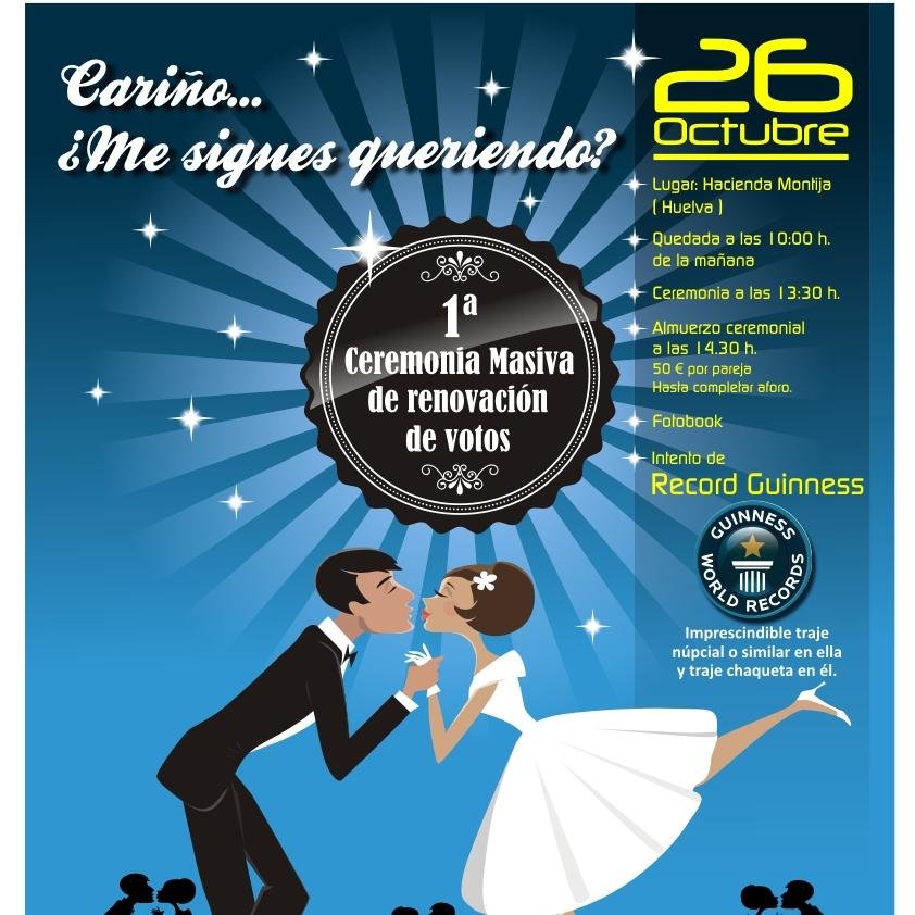 Twitter del evento masivo de renovación de votos matrimoniales.
Huelva
25/10/2014
ceremoniamasiva@gmail.com