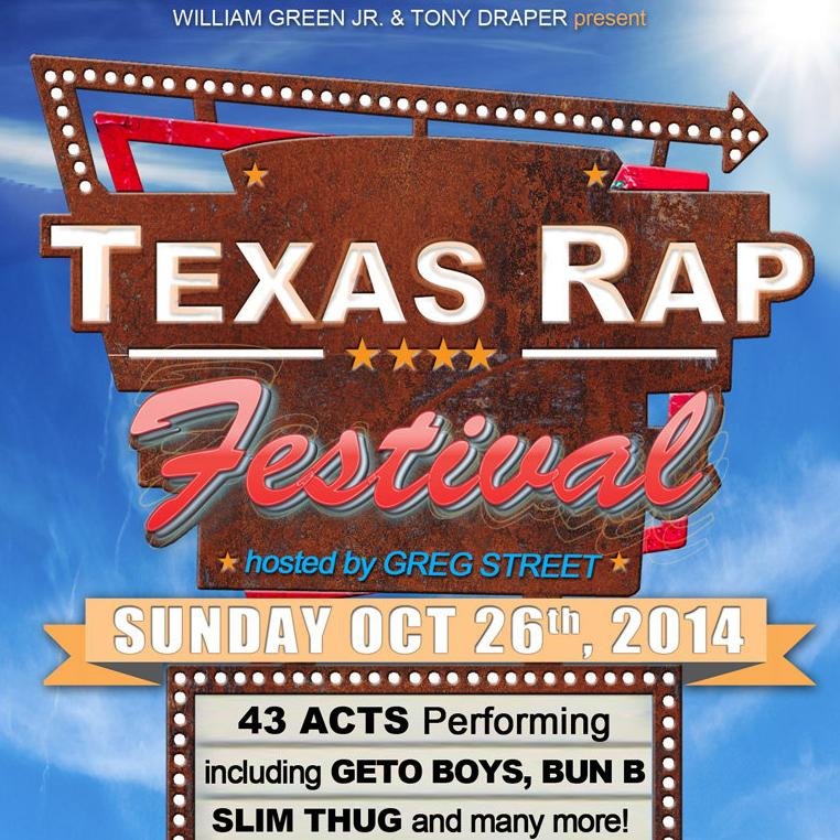 William Green & Tony Draper Present Texas Rap Fest. More than 40 Texas rap artists will perform live 10/26 at the Gexa Energy Pavilion. #TexasRapFest