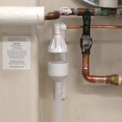 Trap Seal Primers, connected to potable water systems, are Severe Health Hazard Cross Connections. Choose the best method of backflow protection: TrapGap™