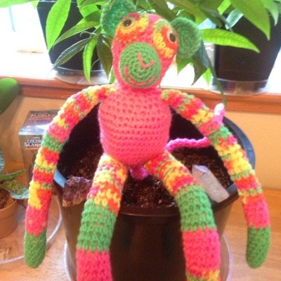 Help a Crocheted Psychedelic Monkey Fulfill His Dreams of Traveling the United States via Electric Car or Motorcycle Raising Awareness for Climate Change!