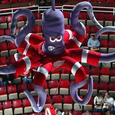 April 15, 2012: Detroit Red Wings mascot Al the Octopus is lowered from the  rafters during