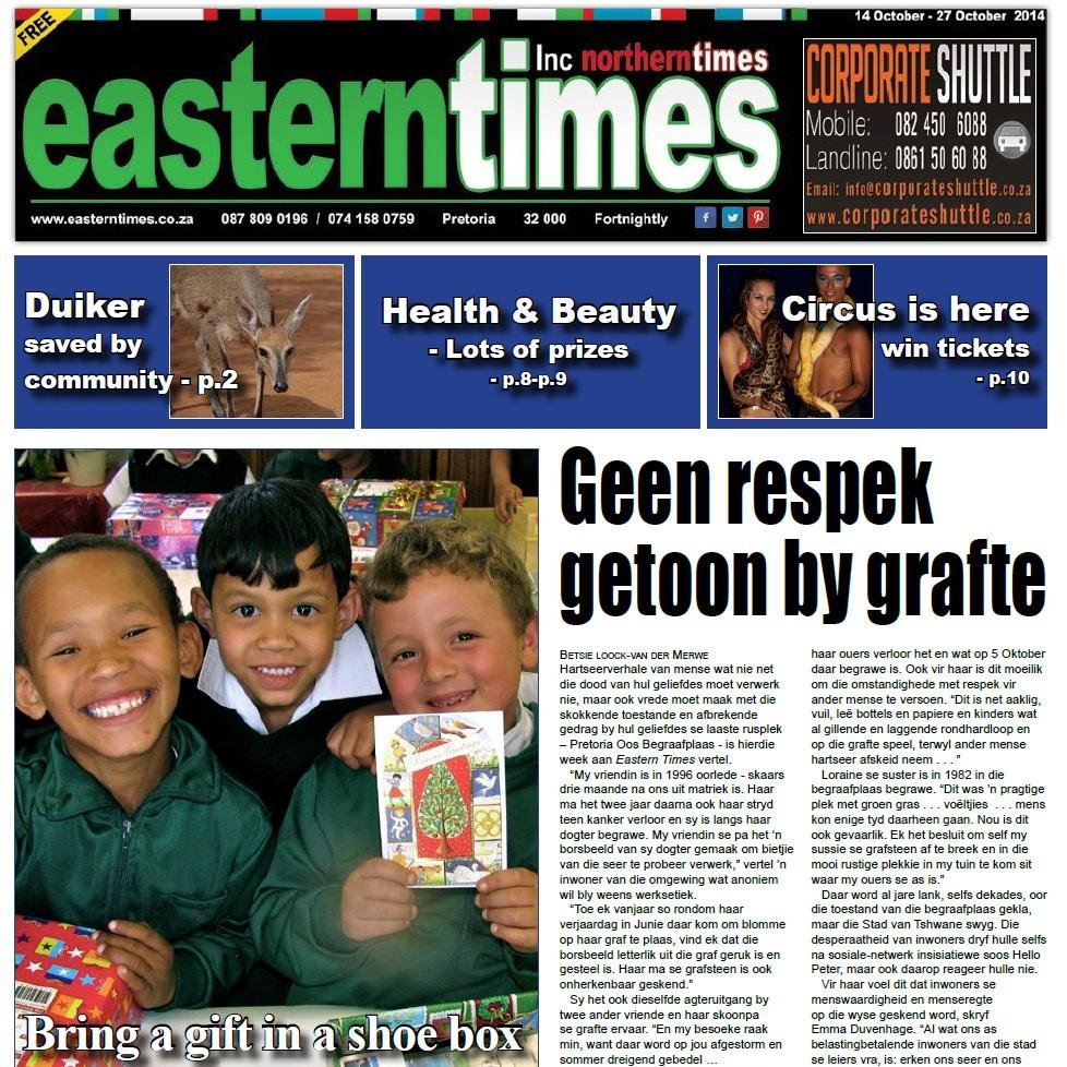 The Easterntimes is the voice of the community for local news/issues for the Pretoria,and creates an interactive platform for participation by the community.