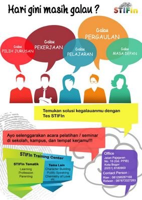 STIFInAntiGalau's profile picture. Galau Pilih Jurusan? Galau Pilih Pekerjaan? Galau Pelajaran? Galau Pergaulan? Galau Masa Depan? Temukan solusi kegalauanmu || (0251) 8180900 || cp 087873327263
