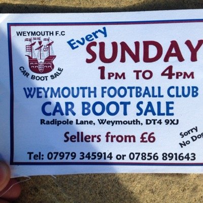 CarWeymouth's profile picture. CAR BOOT SALE EVERY SUNDAY AT WEYMOUTH FOOTBALL CLUB 1-4PM SELLERS £6 BUYERS ONLY 50p!