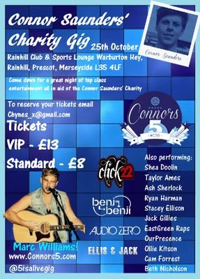 Charity Gig in order to raise money for @connorsaunders5 -Liverpool gig 25th October! organizers: @_chloe_xxx & @tilly_wilson_ 
http://t.co/HsDue2gaZ8