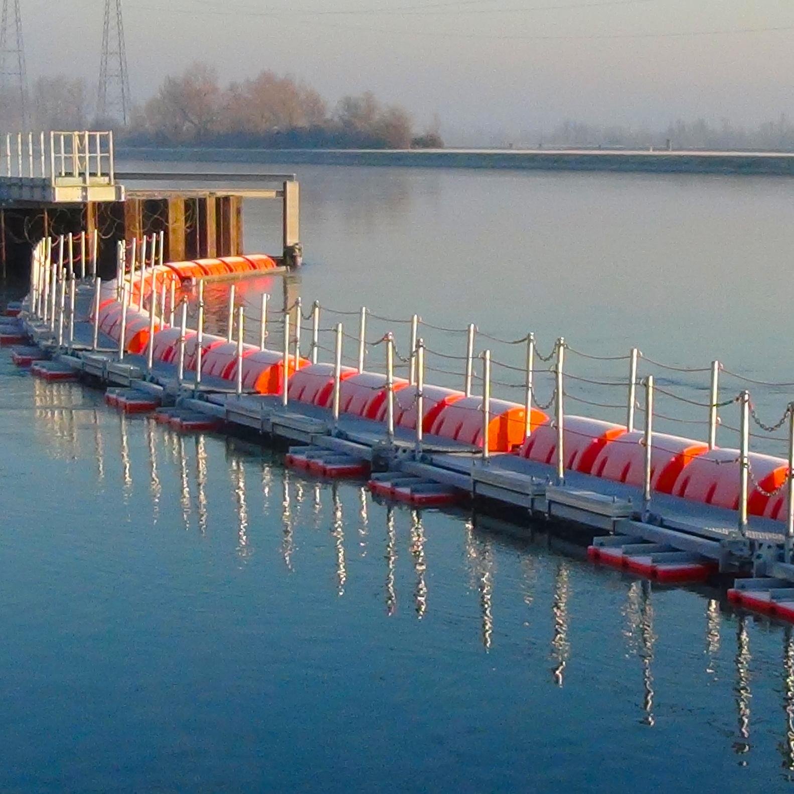 International manufacturer of floating waterway barriers made from HDPE Pipe, Steel & Molded Plastic for dam safety, debris & ice control, and security.