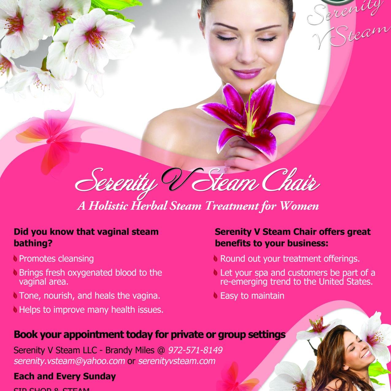 Serenity V Steam is based in Dallas Texas. we offer a herbal steam bathing treatment aka V Steam in a private are group setting. V Steaming promotes cleansing.