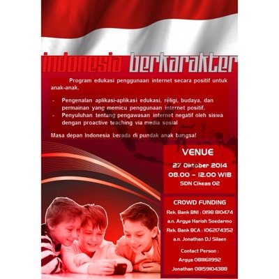 Indonesia berkarakter merupakan sebuah event yang memberikan edukasi penggunaan internet untuk anak-anak tingkat sekolah dasar