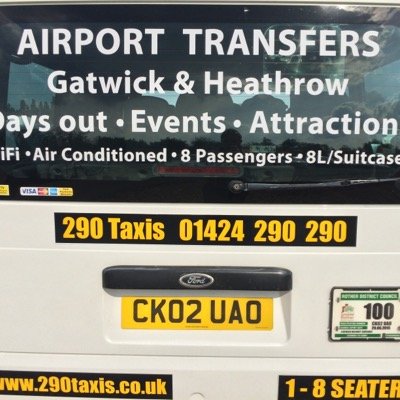 290 Taxi Minibuses of #Bexhill #Hastings. 1-8 Passengers and 8 Suitcases. #Gatwick from £59 #Heathrow £99. Quote 01424 290 290
