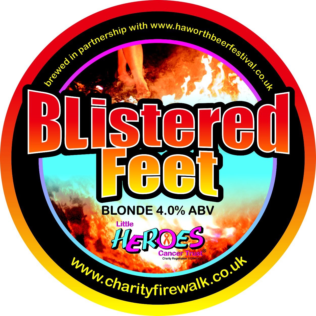 BlisteredF's profile picture. 'Blistered Feet' Blonde 4% is a Real Ale brewed in Partnership with Haworth Beer Festival for Little Heroes Cancer Trust. Raising funds with Charity Firewalking