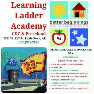 23HourChildCare's profile picture. Learning Ladder Academy CDC & Preschool is YOUR 23 Hour Quality Child Care Center.  Little Rock & England Campuses... Enroll Now...Infants through age 12.