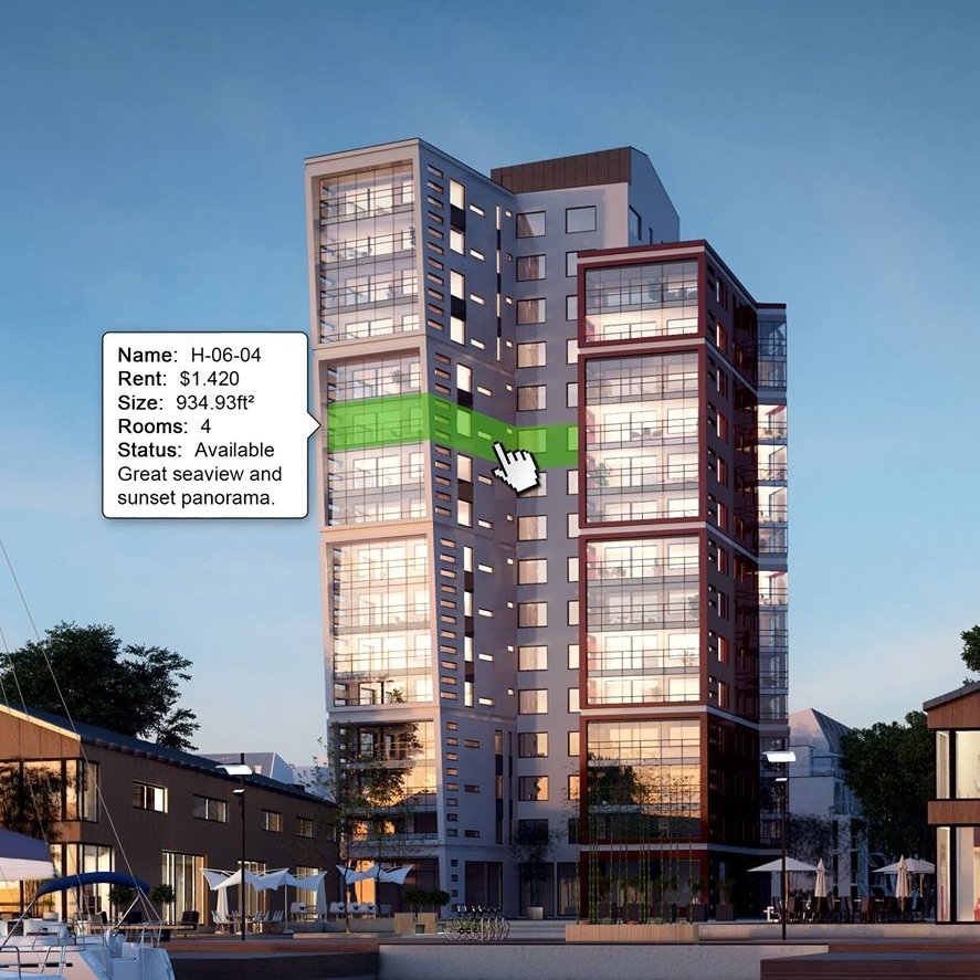 New tech for real estate. Mouse over the building and the info about the individual units pop up. Click on a unit and see the floor plans.