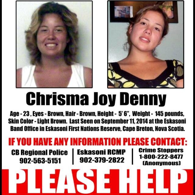 FindChrisma's profile picture. If you have any information on the where abouts of our Mi'kmaq sister please contact the Eskasoni Police Station at 1-902-379-2822. Last seen September 11/14.