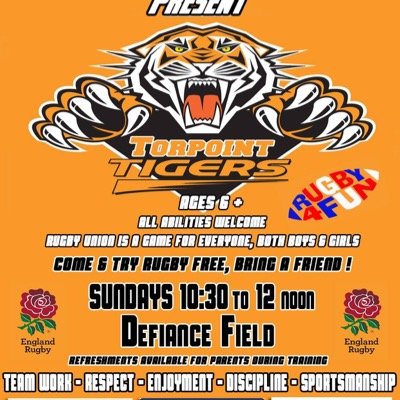 Torpoint Tigers Youth Rugby. Hoping to run U10, 11 & 14 sides next seaaon. Trainings Sunday morning 10.30 until 12 at Torpoint Rugby Club. PL11 2NH
