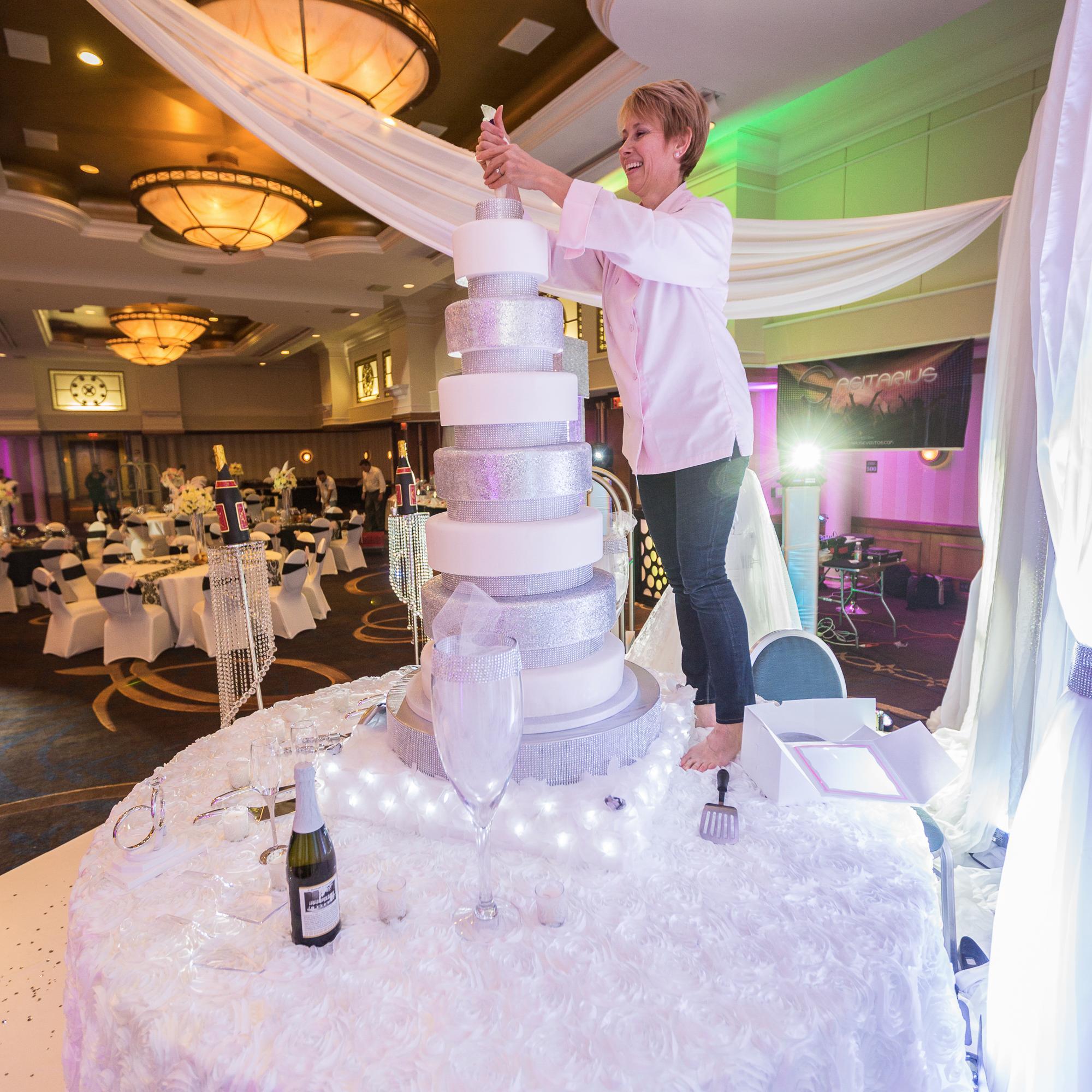 One of a kind wedding & custom cakes. We've done a wedding cake hanging from a ceiling, a 4' tall one, a laser tag vest with lights and more!