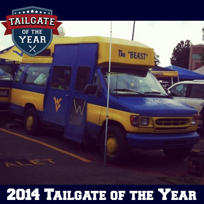 WVU tailgating van! Known as THE BEAST parked in the Blue Lot!! Winner of Tailgate Of The Year 2014!!!! Owned by a USAF veteran!