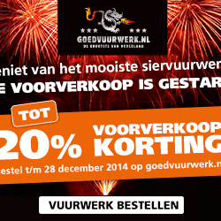 Actie: voorverkoopkorting tot 20%
Het mooiste vuurwerk van Nederland is bij ons te bestellen met een fraaie korting die kan oplopen tot 20%. Bestel nu!