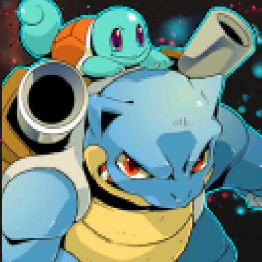 Blastoise! After finally evolving from being a Squirtle it is more powerful than ever. The  water jets on his shell are used for high-speed tackles(Nintendo Rp)