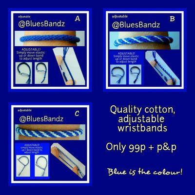 Hand made Chelsea coloured quality cotton wristbands; adjustable, self fastening, distinctive + unique. DM me (Kellie) for more info :)