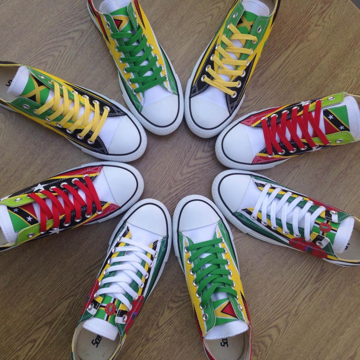 Specially designed, canvas trainers/sneakers customized with national flags as a celebration of internationalism and patriotism.