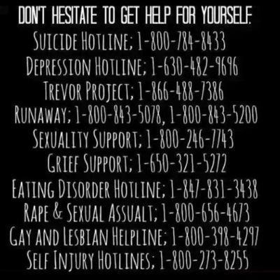 hmu if you need someone to talk to. I'm here. always. please don't do something you'll regret. please talk to someone. don't keep feelings bottled up. ily♥︎ xox