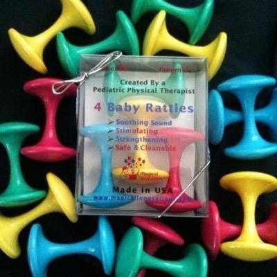 The Baby Rattle Co, by Magical Innovation.  Baby Barbell Rattles, are Made in America. Designed by Pediatric Physical Therapist. All babies, Preemies Too