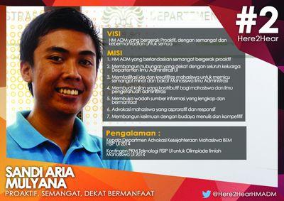 Proaktif, Passion, Dekat Bermanfaat. #Here2Hear merupakan akun dukungan @Sandiam_id Sandi Aria Mulyana untuk HM ADM 2015. CP: 085775486992
