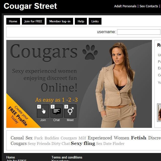 Cougar Street is a fresh online adult contacts web site with an active member database of 2353444 members.