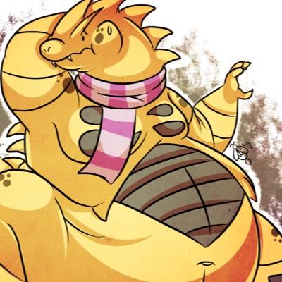 A giant Tyranitar, with a gut to match. He's naïve, shy, and sort of a wimp. He insists his only friend is his pink scarf. (Level 90)