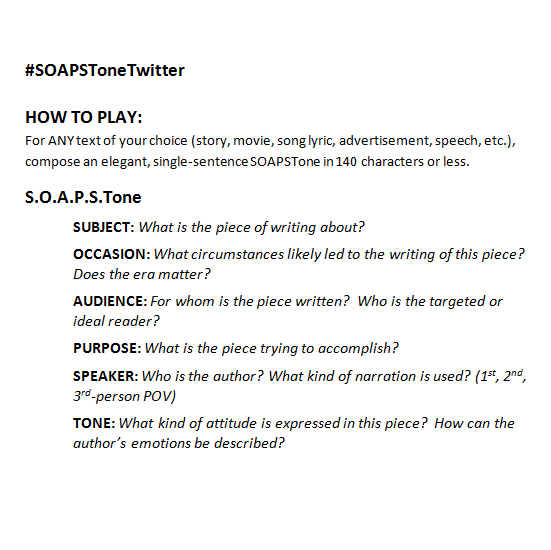 SOAPSToneTweets's profile picture. Refining the craft of writing, one #SOAPSToneTweet at a time. 
All ages welcome. Quality may vary.