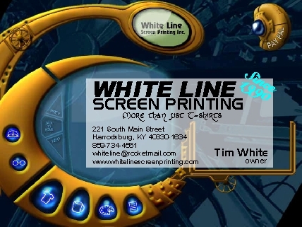 WhiteLineEnt's profile picture. Screen Printing & Promo company since 1990, in Harrodsburg, KY. 859-613-1231 or whiteline@rocketmail.com